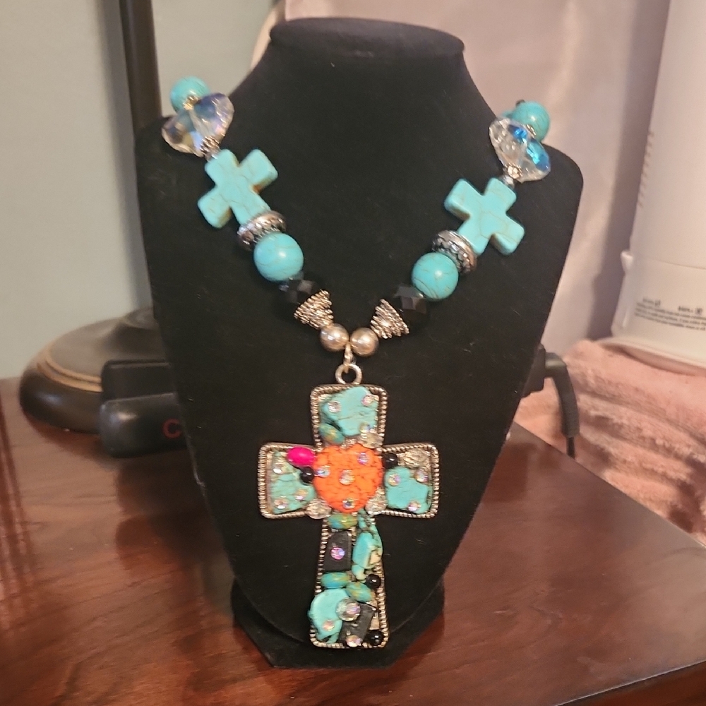 Turquoise and Silver Cross Necklace